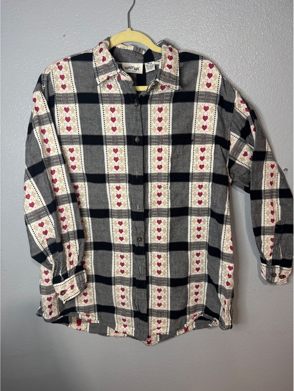Vintage Krazy Kat Heart Plaid Button Up Shirt Women’s Size 18/20 Cotton - Picture 2 of 6